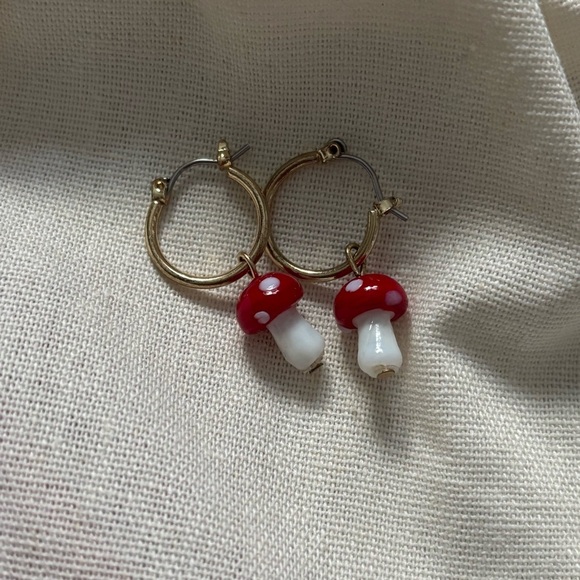 Jewelry - 3/$45 Gold Hoop Earrings with Red and White Mushroom Charms